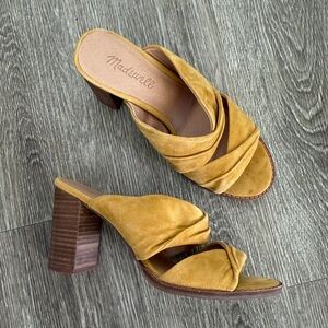 Madewell Sari leather suede crisscross block heel sandals mustard yellow 7.5